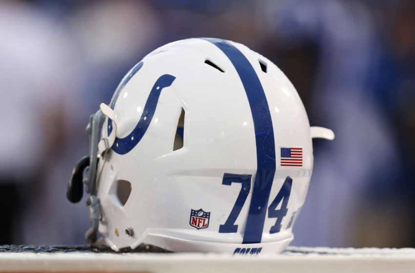 Aug 13, 2016; Orchard Park, NY, USA; A general view of the helmet of Indianapolis Colts tackle Anthony Castonzo (74) during the game against the Buffalo Bills at Ralph Wilson Stadium. Mandatory Credit: Kevin Hoffman-USA TODAY Sports