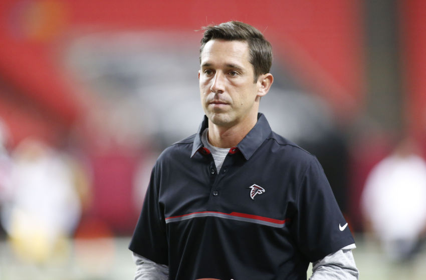 Aug 11, 2016; Atlanta, GA, USA; Atlanta Falcons offensive coordinator Kyle Shanahan before a game against the Washington Redskins at the Georgia Dome. Mandatory Credit: Brett Davis-USA TODAY Sports