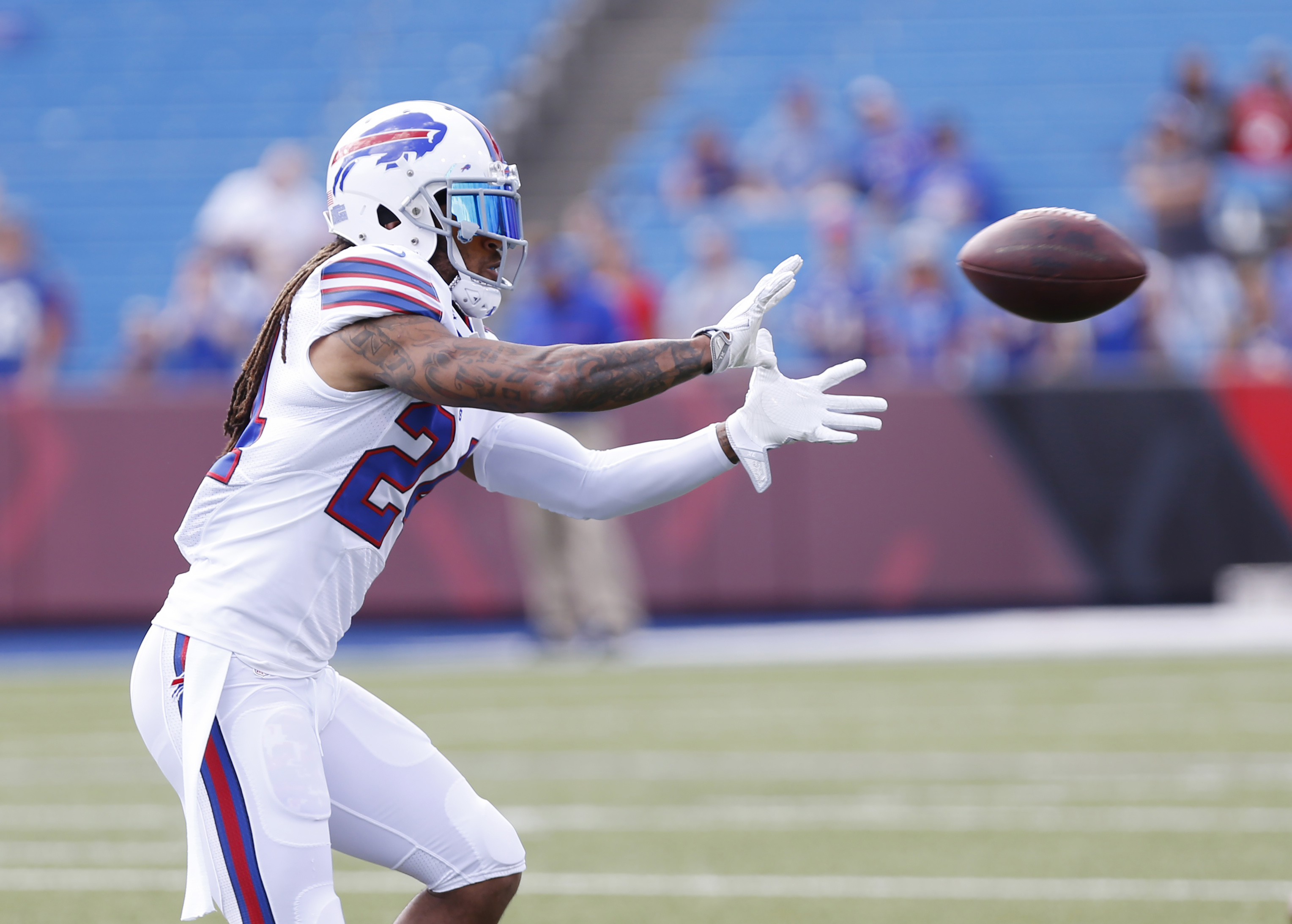 Aug 20, 2016; Orchard Park, NY, USA; Buffalo Bills cornerback Stephon Gilmore (24) catches a pass before the game against the New York Giants at New Era Field. Mandatory Credit: Kevin Hoffman-USA TODAY Sports