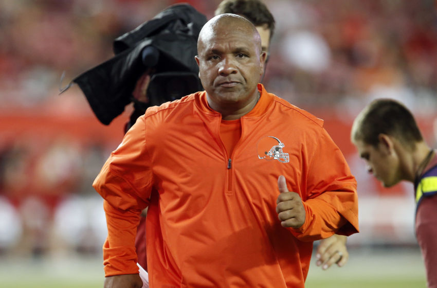 Aug 26, 2016; Tampa, FL, USA; Cleveland Browns head coach Hue Jackson heads to the locker room following the second quarter of a football game against the Tampa Bay Buccaneers at Raymond James Stadium. Mandatory Credit: Reinhold Matay-USA TODAY Sports