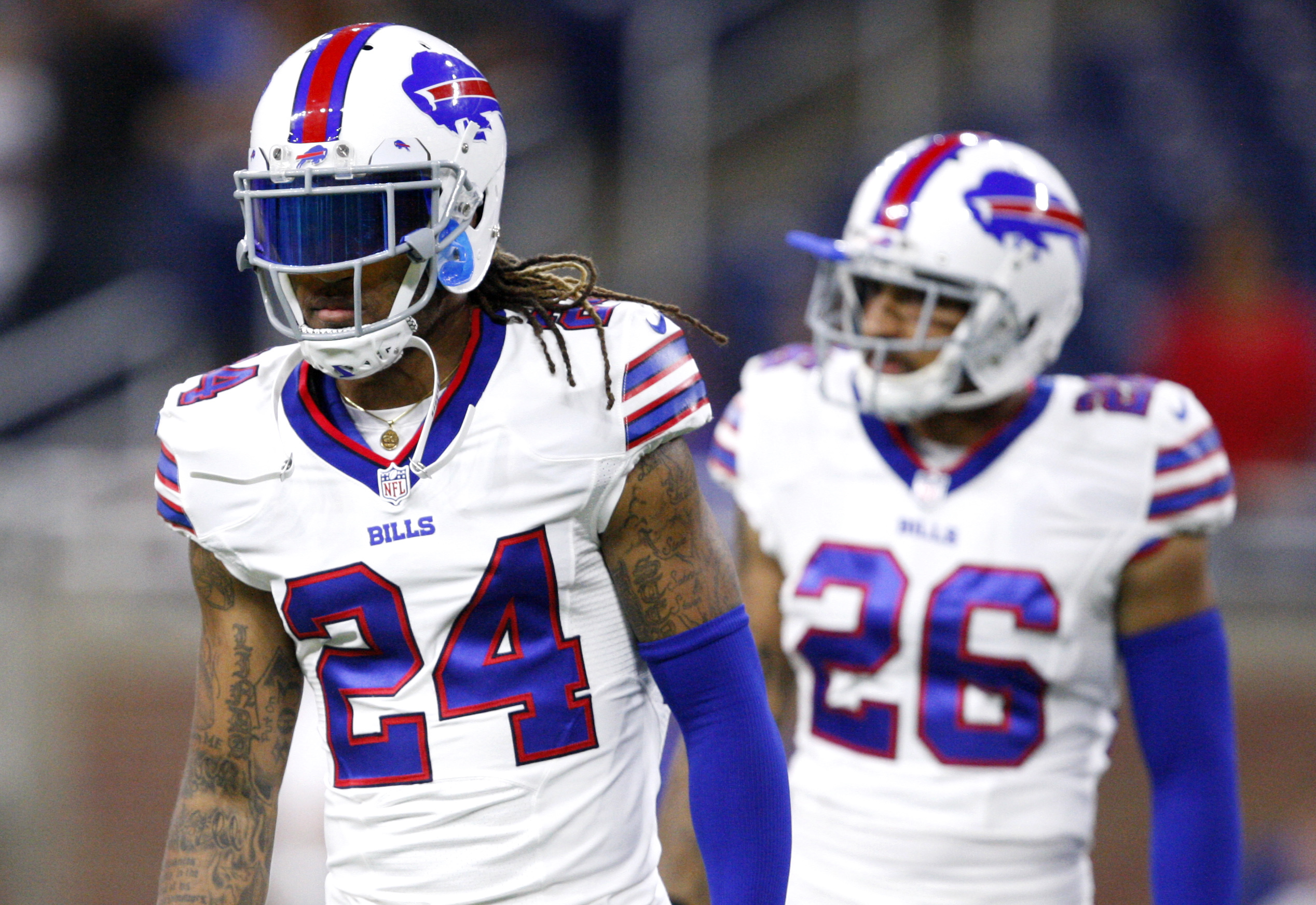 Sep 1, 2016; Detroit, MI, USA; Buffalo Bills cornerback Stephon Gilmore (24) and defensive back Robert Blanton (26) stand on the field before the game against the Detroit Lions at Ford Field. Lions win 31-0. Mandatory Credit: Raj Mehta-USA TODAY Sports