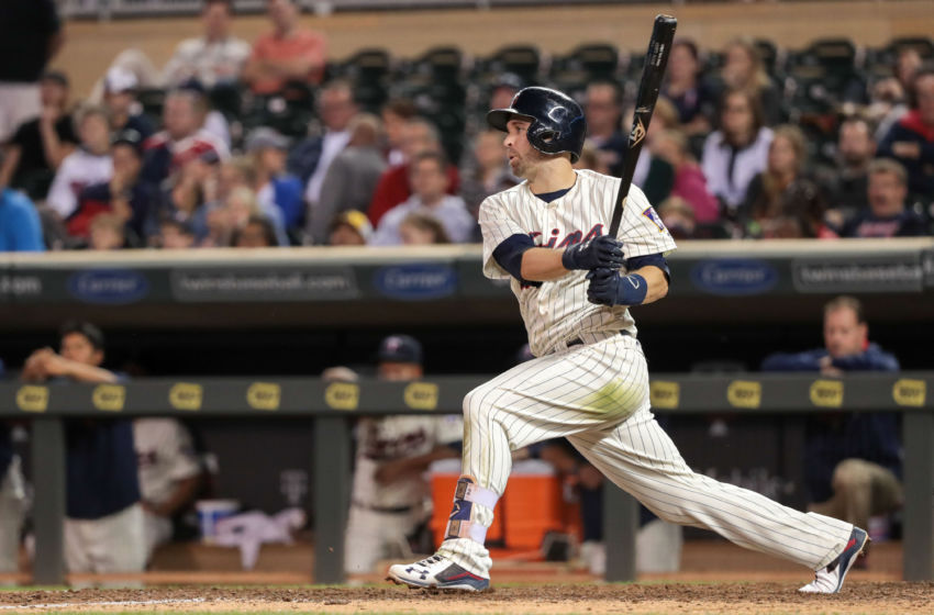 Sep 10, 2016; Minneapolis, MN, USA; Minnesota Twins second baseman Brian Dozier (2) hits a single during the twelfth inning against the Cleveland Indians at Target Field. Minnesota Twins won 2-1. Mandatory Credit: Jordan Johnson-USA TODAY Sports