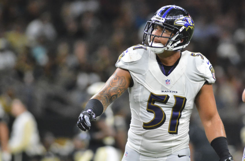 Sep 1, 2016; New Orleans, LA, USA; Baltimore Ravens linebacker Kamalei Correa (51) waits for play to resume during the game against the New Orleans Saints at the Mercedes-Benz Superdome. The Ravens won 23-14. Mandatory Credit: Matt Bush-USA TODAY Sports