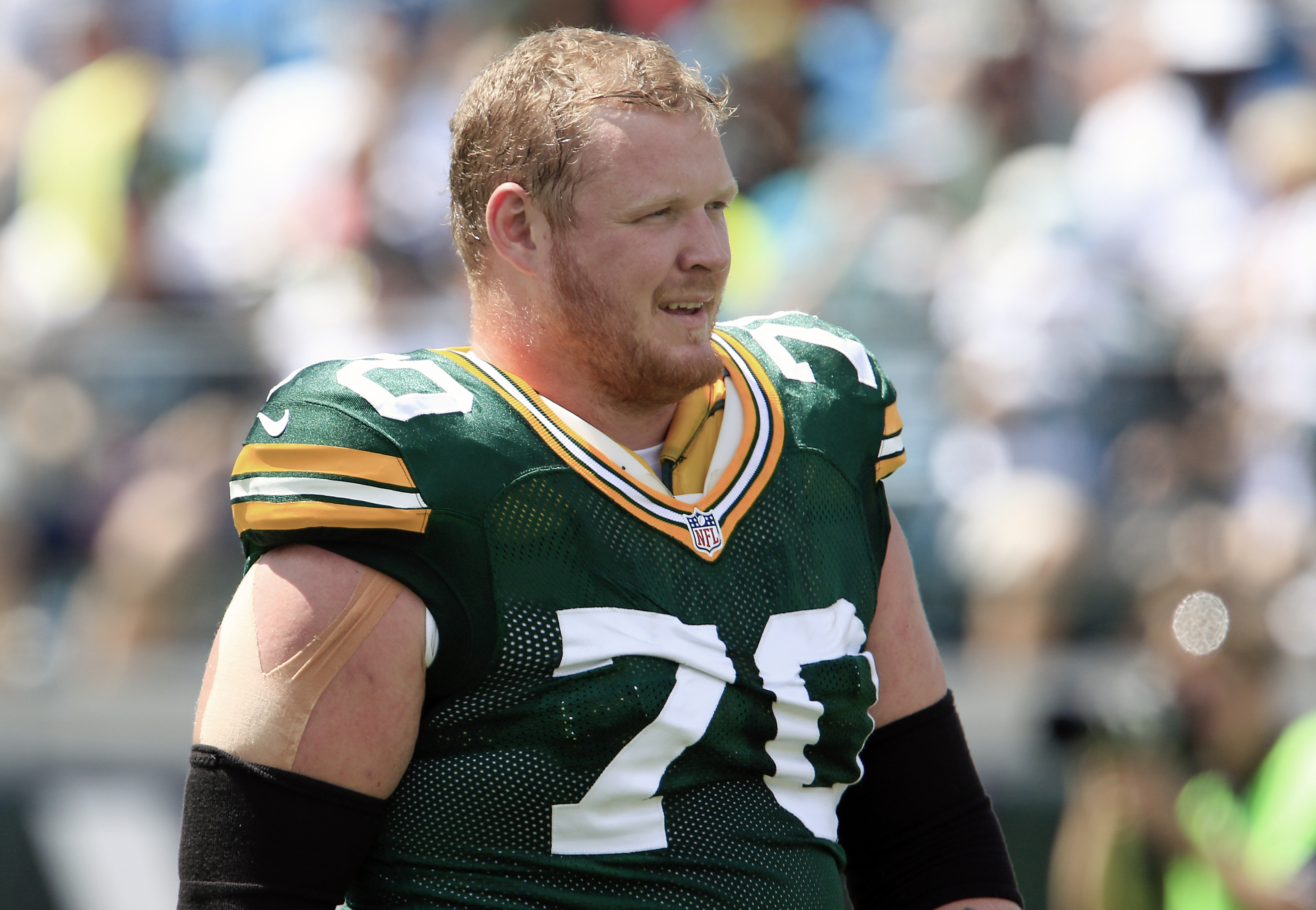 Sep 11, 2016; Jacksonville, FL, USA; Green Bay Packers guard T.J. Lang (70) looks at the field during the first half of a football game against the Jacksonville Jaguars at EverBank Field. Mandatory Credit: Reinhold Matay-USA TODAY Sports