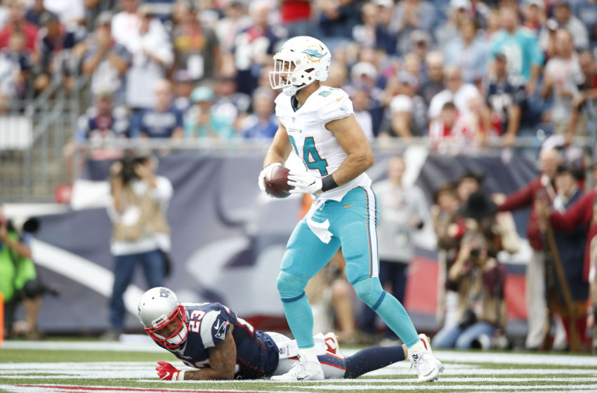 Sep 18, 2016; Foxborough, MA, USA; Miami Dolphins tight end Jordan Cameron (84) celebrates a touchdown during the fourth quarter against the New England Patriots at Gillette Stadium. The New England Patriots won 31-24. Mandatory Credit: Greg M. Cooper-USA TODAY Sports