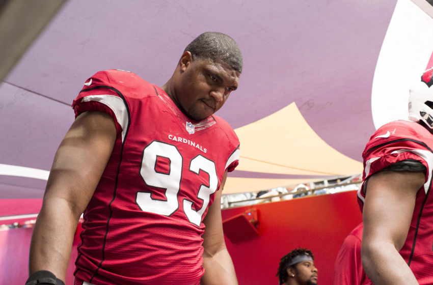 Sep 18, 2016; Glendale, AZ, USA; Arizona Cardinals defensive end Calais Campbell (93) takes the field to face the Tampa Bay Buccaneers at University of Phoenix Stadium. Mandatory Credit: Jerome Miron-USA TODAY Sports