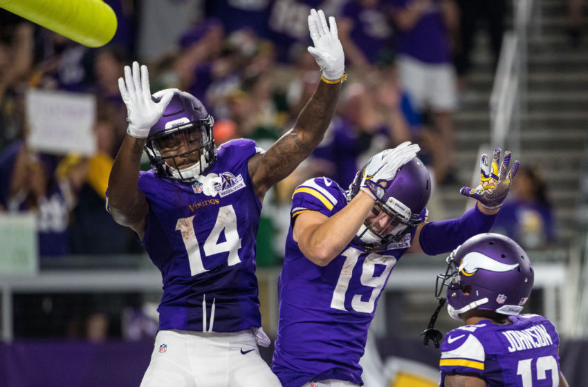 Sep 18, 2016; Minneapolis, MN, USA; Minnesota Vikings wide receiver Stefon Diggs (14) celebrates his touchdown with wide receiver Adam Thielen (19) during the third quarter against the Green Bay Packers at U.S. Bank Stadium. The Vikings defeated the Packers 17-14. Mandatory Credit: Brace Hemmelgarn-USA TODAY Sports