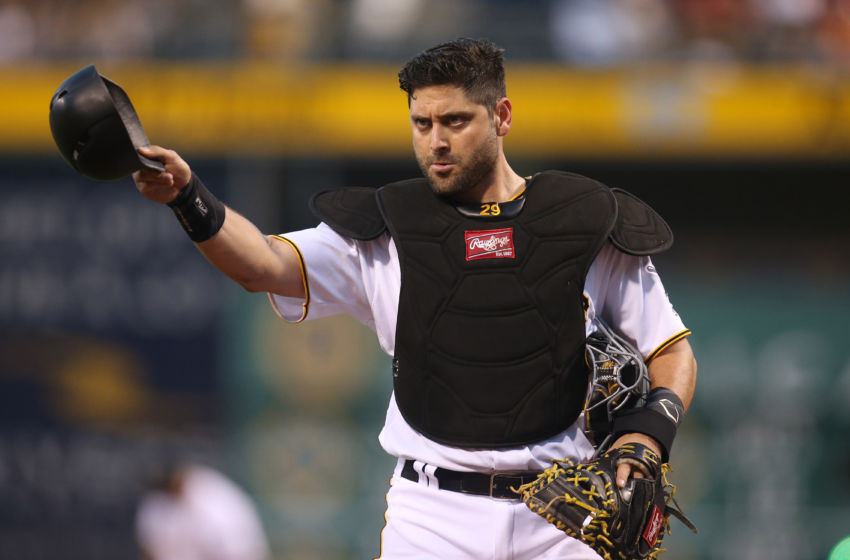 Sep 23, 2016; Pittsburgh, PA, USA; Pittsburgh Pirates catcher Francisco Cervelli (29) gestures to the dugout against the Washington Nationals during the first inning at PNC Park. Mandatory Credit: Charles LeClaire-USA TODAY Sports