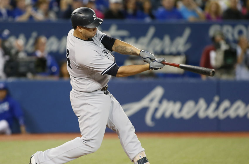 Sep 23, 2016; Toronto, Ontario, CAN; New York Yankees designated hitter Gary Sanchez (24) doubles in the first inning against the Toronto Blue Jays at Rogers Centre. Mandatory Credit: John E. Sokolowski-USA TODAY Sports