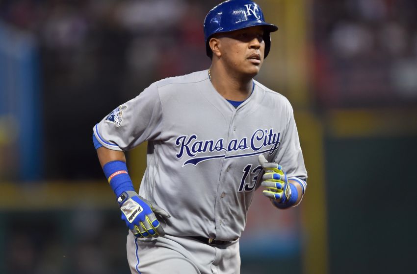 Sep 21, 2016; Cleveland, OH, USA; Kansas City Royals catcher Salvador Perez (13) rounds the bases after hitting a home run during the ninth inning against the Cleveland Indians at Progressive Field. Mandatory Credit: Ken Blaze-USA TODAY Sports
