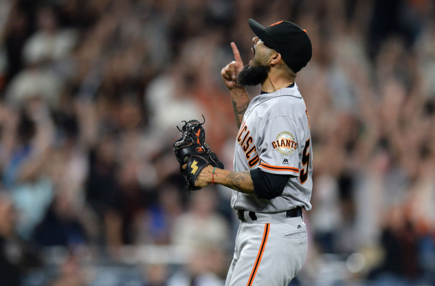 Sep 24, 2016; San Diego, CA, USA; San Francisco Giants relief pitcher Sergio Romo (54) reacts after the final out of the 9-6 win over the San Diego Padres at Petco Park. Mandatory Credit: Jake Roth-USA TODAY Sports