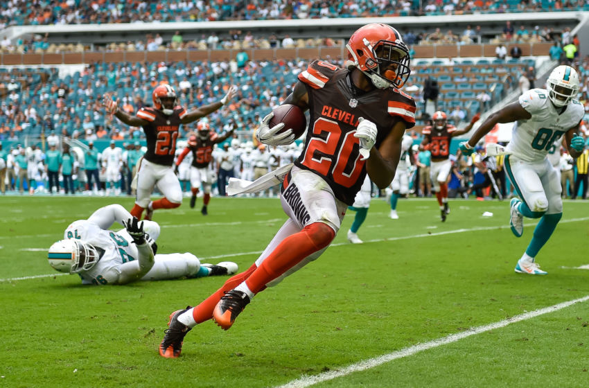Sep 25, 2016; Miami Gardens, FL, USA; Cleveland Browns cornerback Briean Boddy-Calhoun (20) intercepts a pass and runs for a touchdown during the first half against the Miami Dolphins at Hard Rock Stadium. Mandatory Credit: Steve Mitchell-USA TODAY Sports