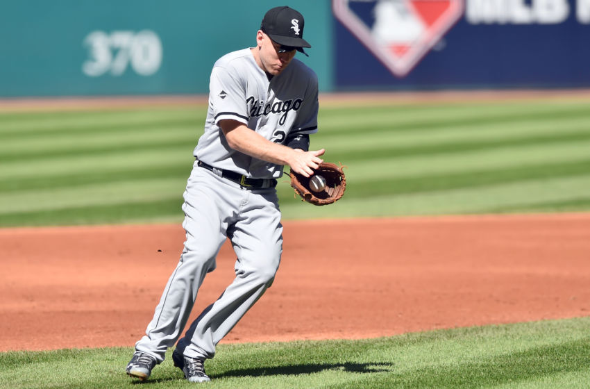 Sep 25, 2016; Cleveland, OH, USA; Chicago White Sox third baseman Todd Frazier (21) makes a play on a hit by Cleveland Indians center fielder Rajai Davis (not pictured) during the first inning at Progressive Field. Mandatory Credit: Ken Blaze-USA TODAY Sports