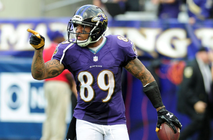 Oct 2, 2016; Baltimore, MD, USA; Baltimore Ravens wide receiver Steve Smith, Sr. (89) reacts after scoring a touchdown in the fourth quarter against the Oakland Raiders at M&T Bank Stadium. Mandatory Credit: Evan Habeeb-USA TODAY Sports