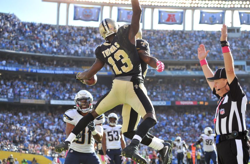 Oct 2, 2016; San Diego, CA, USA; New Orleans Saints wide receiver Michael Thomas (13) celebrates after a touchdown during the second half of the game against the San Diego Chargers at Qualcomm Stadium. New Orleans won 35-34. Mandatory Credit: Orlando Ramirez-USA TODAY Sports