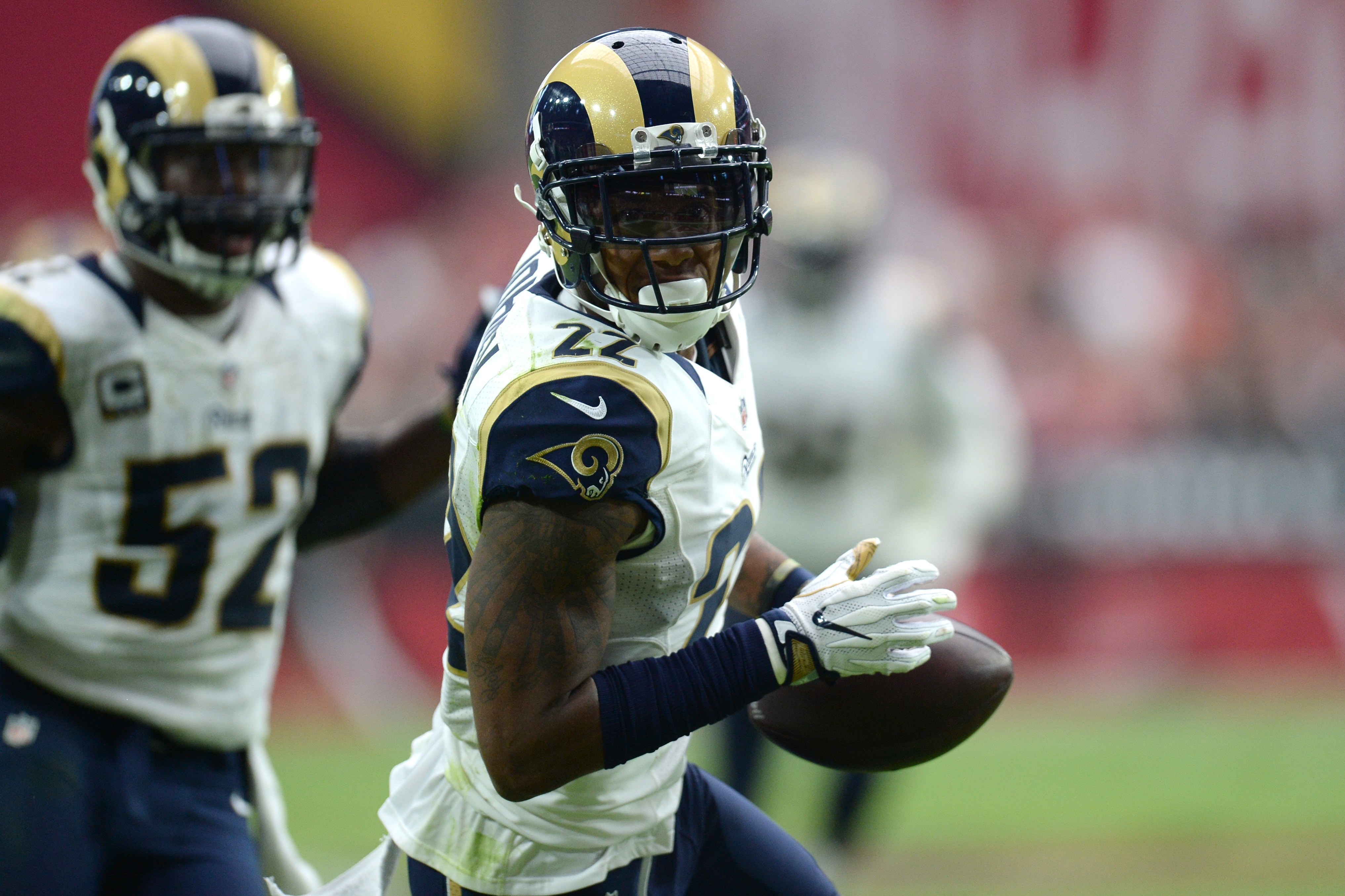 Oct 2, 2016; Glendale, AZ, USA; Los Angeles Rams cornerback Trumaine Johnson (22) reacts after intercepting a pass against the Arizona Cardinals during the first half at University of Phoenix Stadium. The Rams won 17-13. Mandatory Credit: Joe Camporeale-USA TODAY Sports
