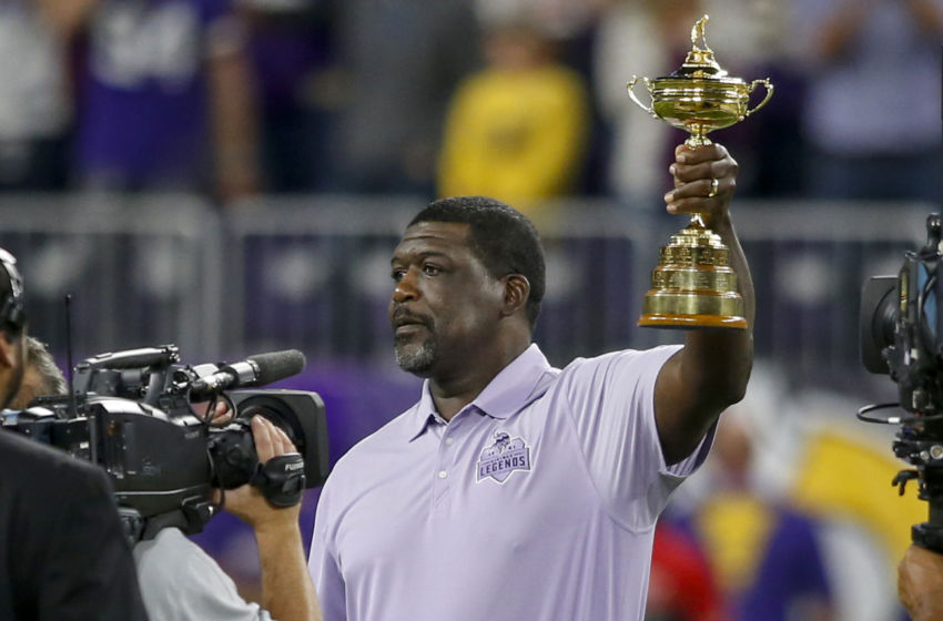 Oct 3, 2016; Minneapolis, MN, USA; Minnesota Vikings former guard Randall McDaniel hoists the Ryder Cup before the game between the Vikings and the New York Giants at U.S. Bank Stadium. The Vikings won 24-10. Mandatory Credit: Bruce Kluckhohn-USA TODAY Sports