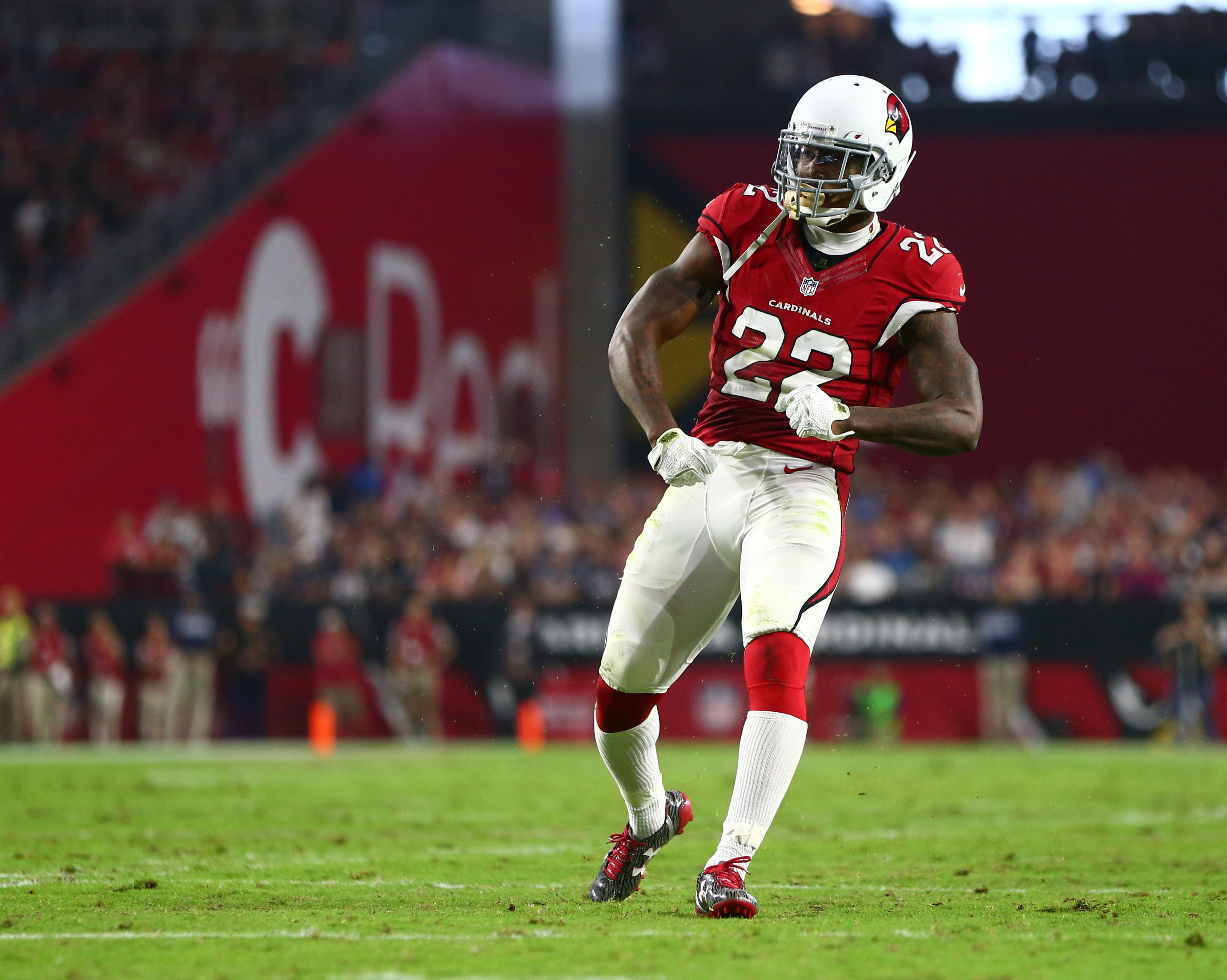 Sep 11, 2016; Glendale, AZ, USA; Arizona Cardinals safety Tony Jefferson (22) celebrates a play against the New England Patriots at University of Phoenix Stadium. The Patriots defeated the Cardinals 23-21. Mandatory Credit: Mark J. Rebilas-USA TODAY Sports