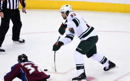 Oct 4, 2016; Denver, CO, USA; Minnesota Wild forward Alex Tuch (53) attempts a shot on goal in the second period during a preseason hockey game against Colorado Avalanche at the Pepsi Center. Mandatory Credit: Ron Chenoy-USA TODAY Sports
