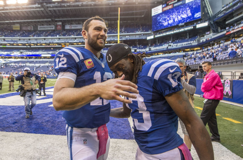 Oct 9, 2016; Indianapolis, IN, USA;Indianapolis Colts quarterback Andrew Luck (12) and Colts receiver T.Y. Hilton (13) embrace after their victory over the Chicago Bears at Lucas Oil Stadium. Mandatory Credit: Thomas J. Russo-USA TODAY Sports
