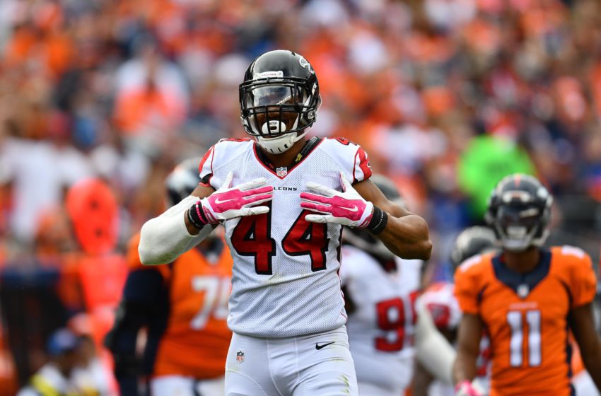 Oct 9, 2016; Denver, CO, USA; Atlanta Falcons outside linebacker Vic Beasley (44) celebrates a sack in the second half against the Denver Broncos at Sports Authority Field at Mile High. The Falcons defeated the Broncos 23-16. Mandatory Credit: Ron Chenoy-USA TODAY Sports