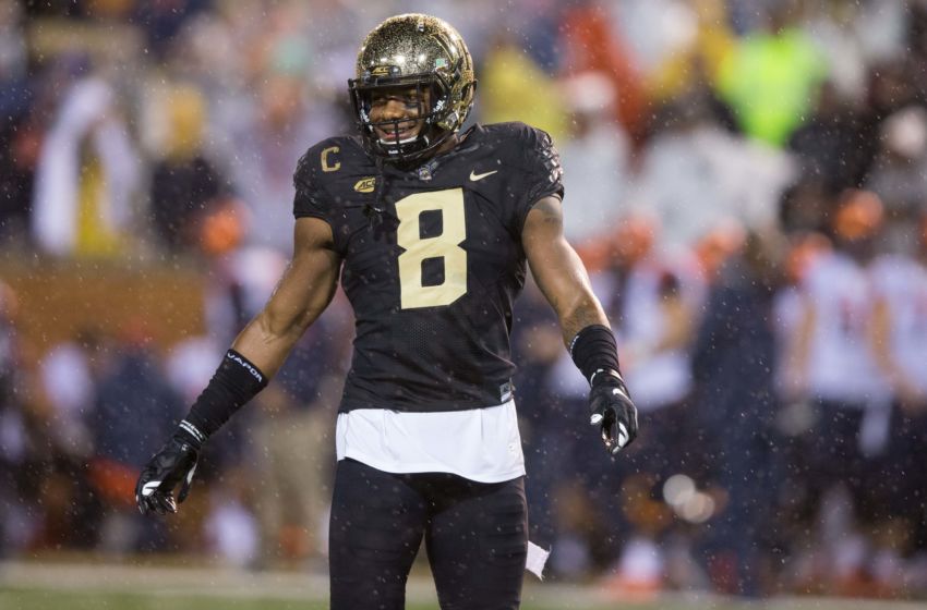 Oct 8, 2016; Winston-Salem, NC, USA; Wake Forest Demon Deacons linebacker Marquel Lee (8) stands on the field during a timeout in the first quarter against the Syracuse Orange at BB&T Field. Wake defeated Syracuse 28-9. Mandatory Credit: Jeremy Brevard-USA TODAY Sports