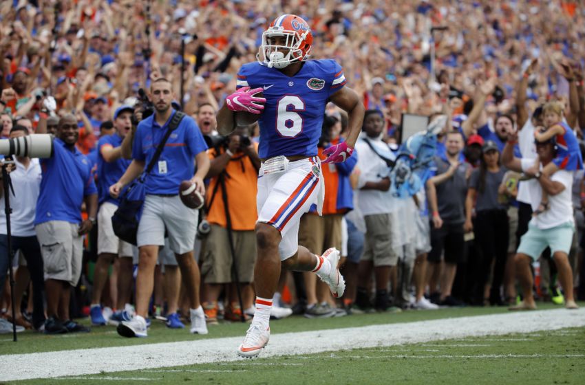 Oct 15, 2016; Gainesville, FL, USA; Florida Gators defensive back Quincy Wilson (6) intercepted the ball and ran it back for a touchdown against the Missouri Tigers eduring the second quarter at Ben Hill Griffin Stadium. Mandatory Credit: Kim Klement-USA TODAY Sports