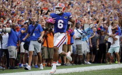 Oct 15, 2016; Gainesville, FL, USA; Florida Gators defensive back Quincy Wilson (6) intercepted the ball and ran it back for a touchdown against the Missouri Tigers eduring the second quarter at Ben Hill Griffin Stadium. Mandatory Credit: Kim Klement-USA TODAY Sports