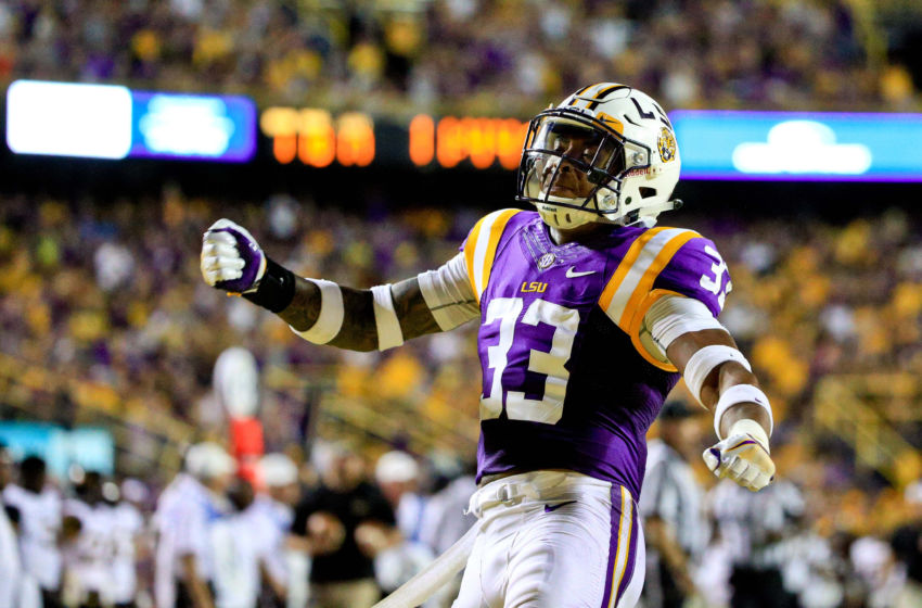 Oct 15, 2016; Baton Rouge, LA, USA; LSU Tigers safety Jamal Adams (33) celebrates after picking up a fumble during the third quarter of a game against the Southern Miss Golden Eagles at Tiger Stadium. Mandatory Credit: Derick E. Hingle-USA TODAY Sports
