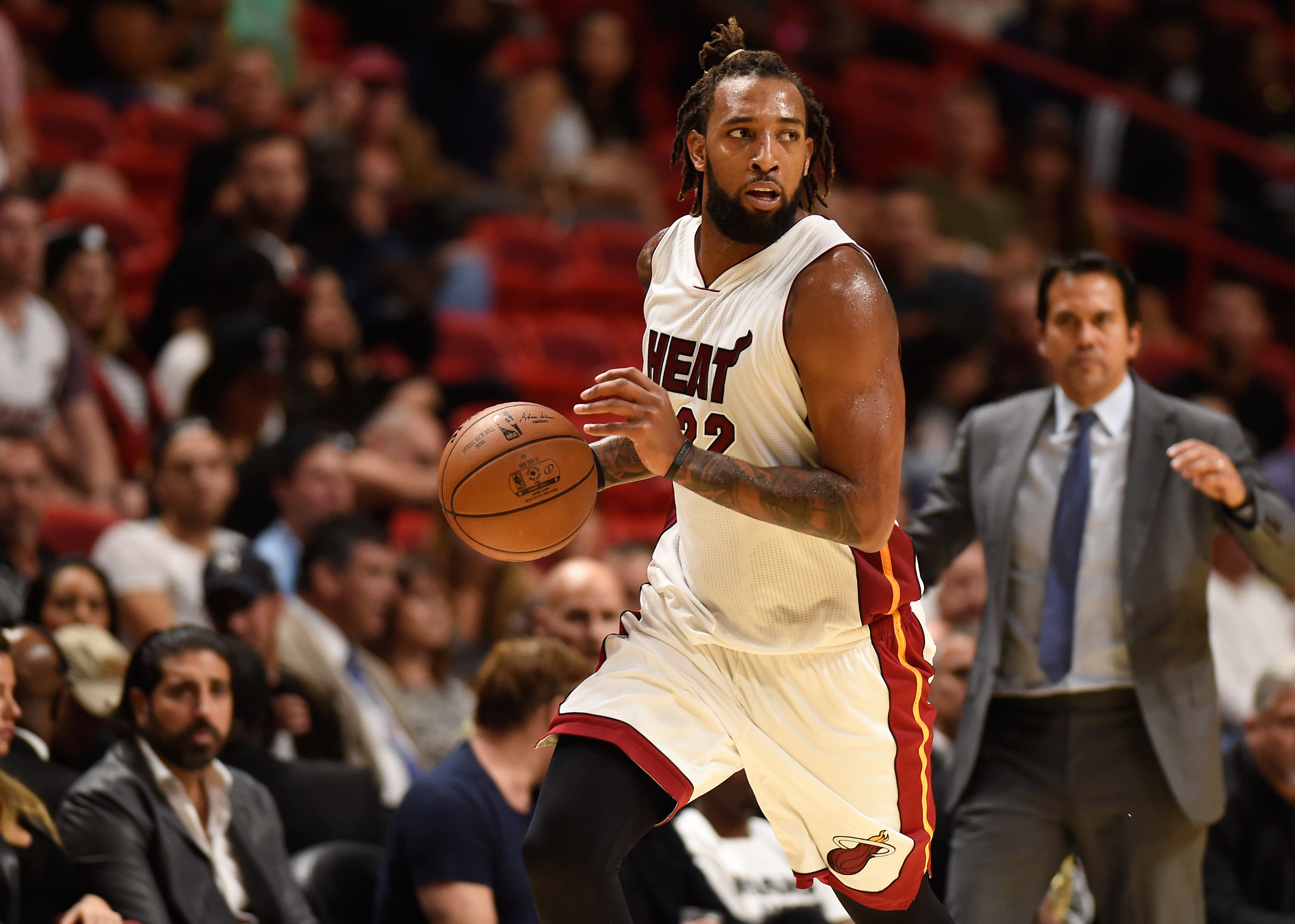 Oct 11, 2016; Miami, FL, USA; Miami Heat forward Derrick Williams (22) dribbles the ball during the second half against the Brooklyn Nets at American Airlines Arena. Mandatory Credit: Steve Mitchell-USA TODAY Sports