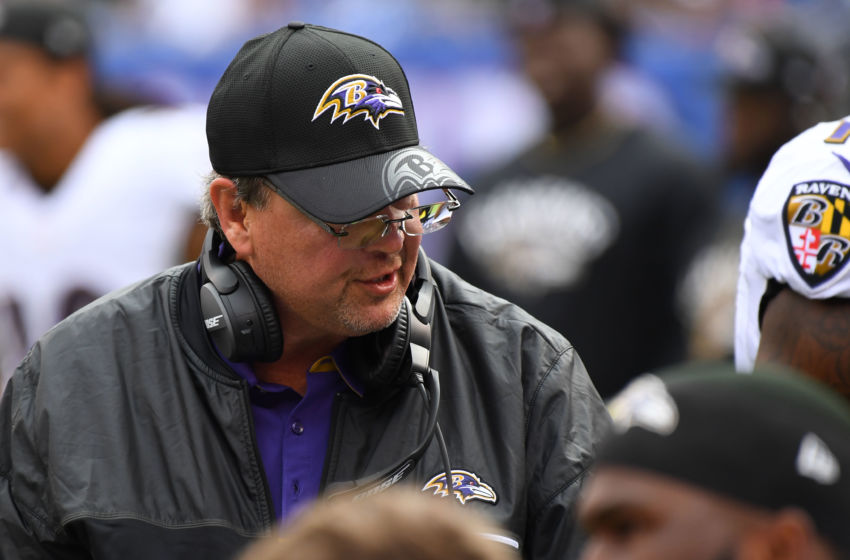 Oct 16, 2016; East Rutherford, NJ, USA; Baltimore Ravens offensive coordinator Marty Mornhinweg during the game against the New York Giants at MetLife Stadium. Mandatory Credit: Robert Deutsch-USA TODAY Sports