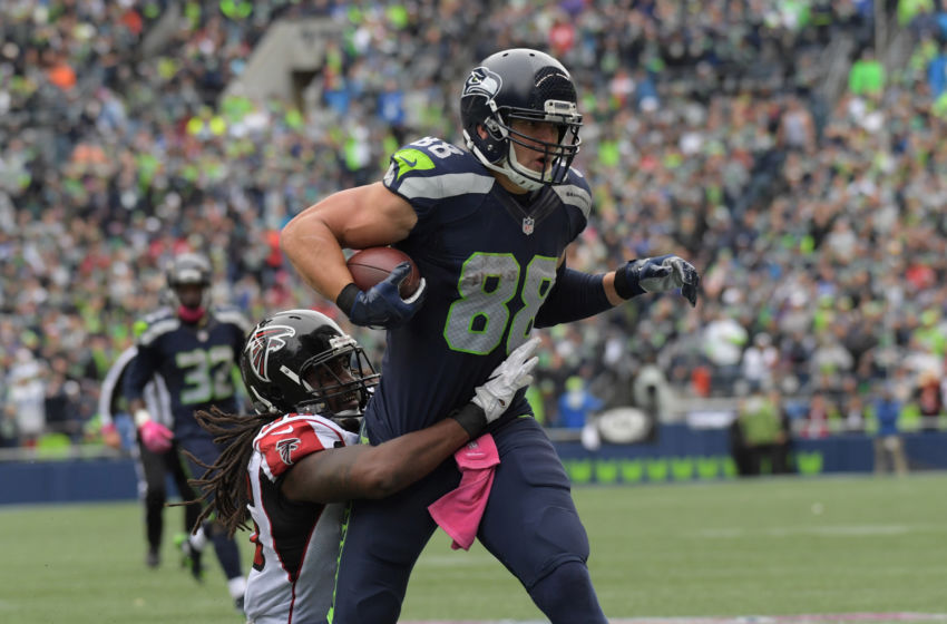 Oct 16, 2016; Seattle, WA, USA; Seattle Seahawks tight end Jimmy Graham (88) defended by Atlanta Falcons safety Dashon Goldson (38) during a NFL football game at CenturyLink Field. The Seahawks defeated the Falcons 26-24. Mandatory Credit: Kirby Lee-USA TODAY Sports