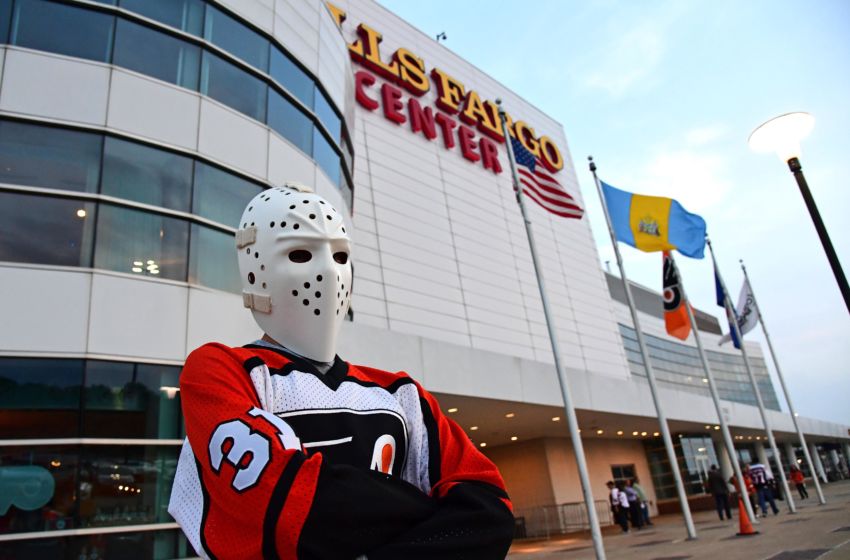 Stanley Cup Playoffs: Philadelphia Flyers fan Ryan Binder outside the Wells Fargo before the home opener against Anaheim Ducks. Mandatory Credit: Eric Hartline-USA TODAY Sports