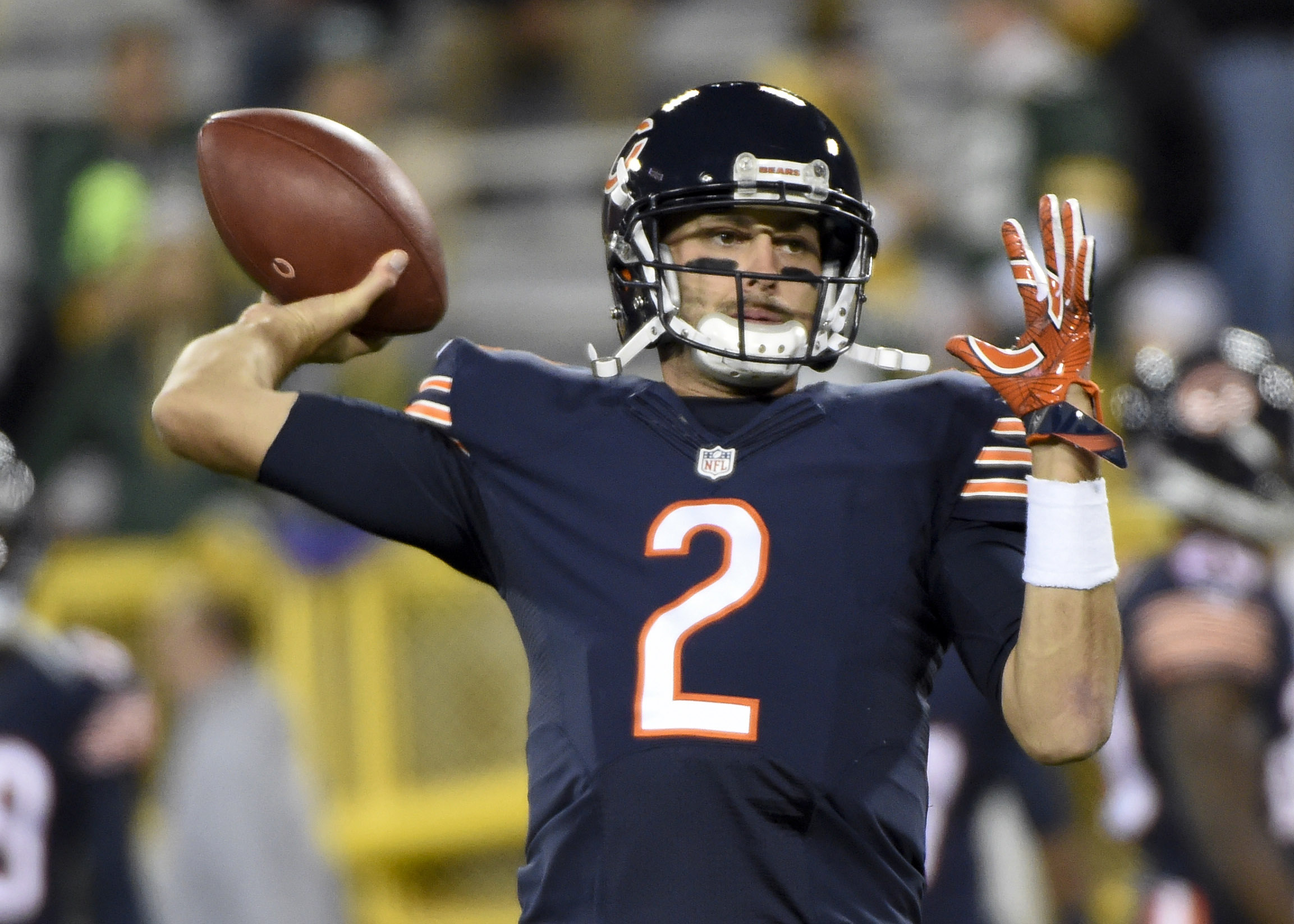 Oct 20, 2016; Green Bay, WI, USA; Chicago Bears quarterback Brian Hoyer (2) warms up before game against the Green Bay Packers at Lambeau Field. Mandatory Credit: Benny Sieu-USA TODAY Sports