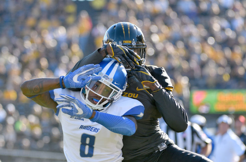 Oct 22, 2016; Columbia, MO, USA; Middle Tennessee Blue Raiders cornerback Jeremy Cutrer (8) breaks up a pass intended for Missouri Tigers wide receiver J'Mon Moore (6) during the first half at Faurot Field. Mandatory Credit: Denny Medley-USA TODAY Sports