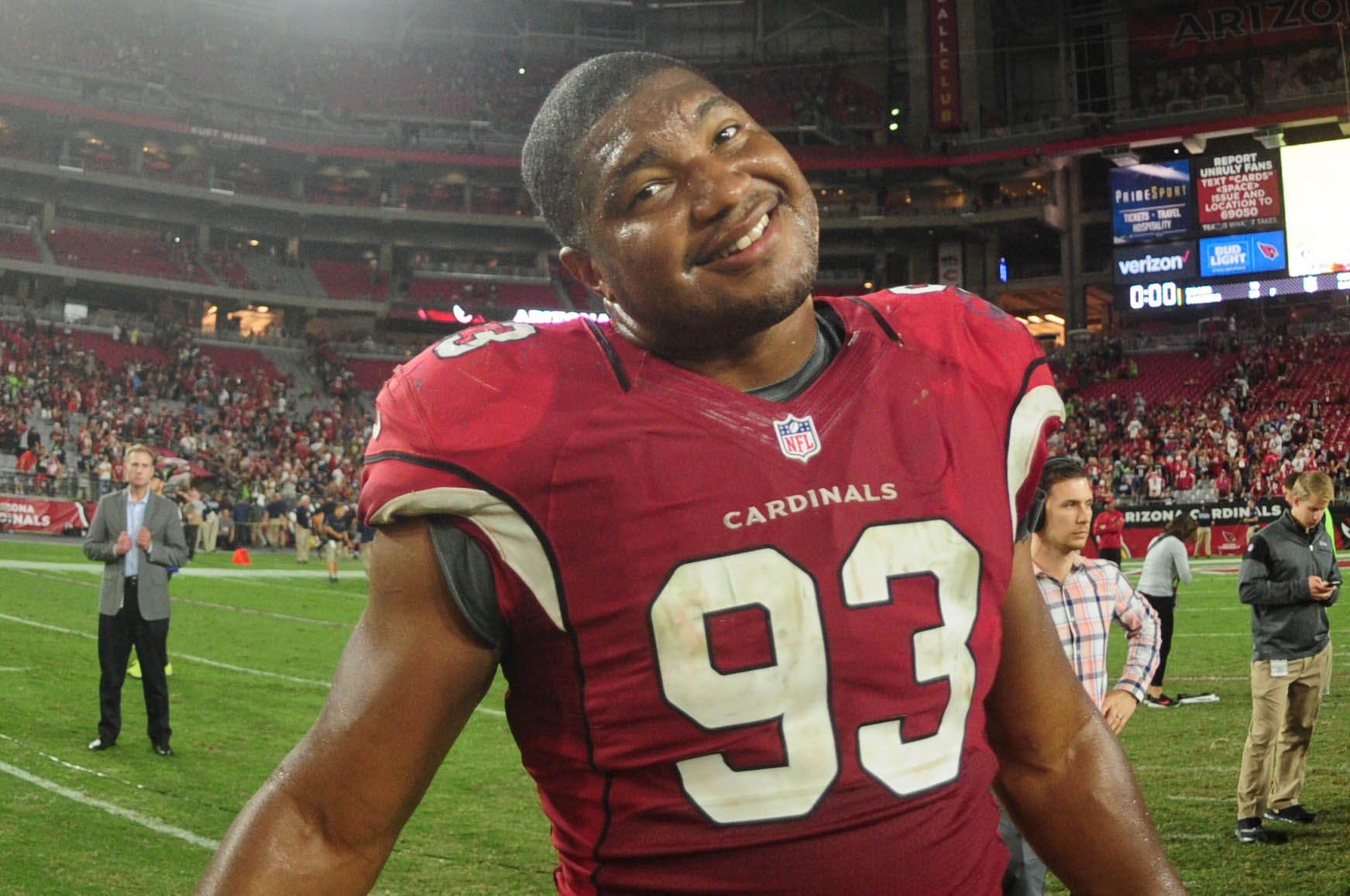 Oct 23, 2016; Glendale, AZ, USA; Arizona Cardinals defensive end Calais Campbell (93) looks on after tieing the Seattle Seahawks 6-6 in overtime at University of Phoenix Stadium. Mandatory Credit: Matt Kartozian-USA TODAY Sports