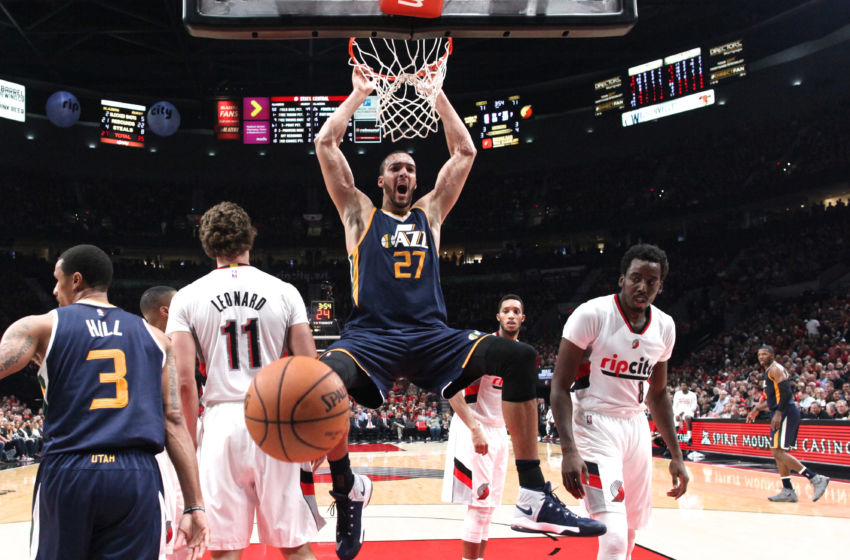 Oct 25, 2016; Portland, OR, USA; Utah Jazz center Rudy Gobert (27) reacts after dunking against the Portland Trail Blazers in the second half at Moda Center at the Rose Quarter. Mandatory Credit: Jaime Valdez-USA TODAY Sports