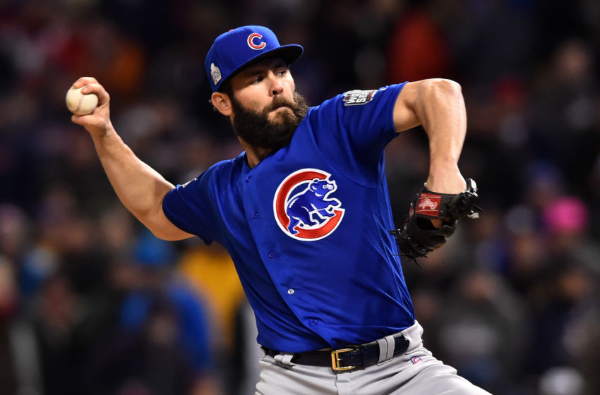 Oct 26, 2016; Cleveland, OH, USA; Chicago Cubs starting pitcher Jake Arrieta throws a pitch against the Cleveland Indians in the fifth inning in game two of the 2016 World Series at Progressive Field. Mandatory Credit: Ken Blaze-USA TODAY Sports