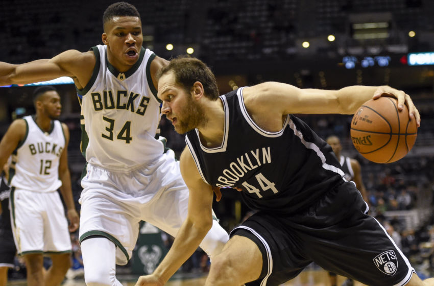 Oct 29, 2016; Milwaukee, WI, USA; Brooklyn Nets guard Bojan Bogdanovic (44) dribbles the ball in front of Milwaukee Bucks forward Giannis Antetokounmpo (34) in the fourth quarter at BMO Harris Bradley Center. Mandatory Credit: Benny Sieu-USA TODAY Sports
