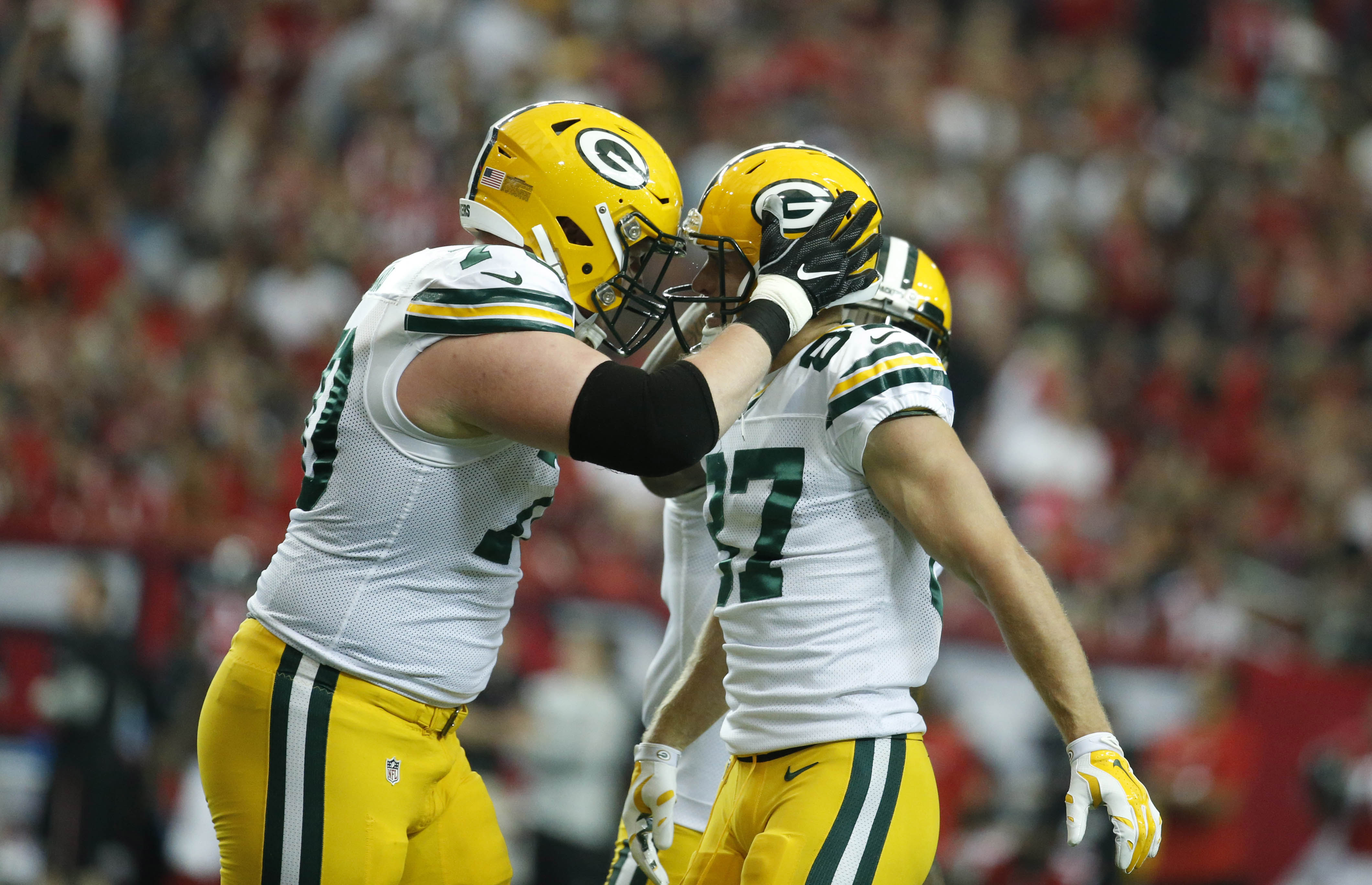 Oct 30, 2016; Atlanta, GA, USA; Green Bay Packers wide receiver Jordy Nelson (87) celebrates his touchdown catch with guard T.J. Lang (70) in the first quarter of their game against the Atlanta Falcons at the Georgia Dome. Mandatory Credit: Jason Getz-USA TODAY Sports
