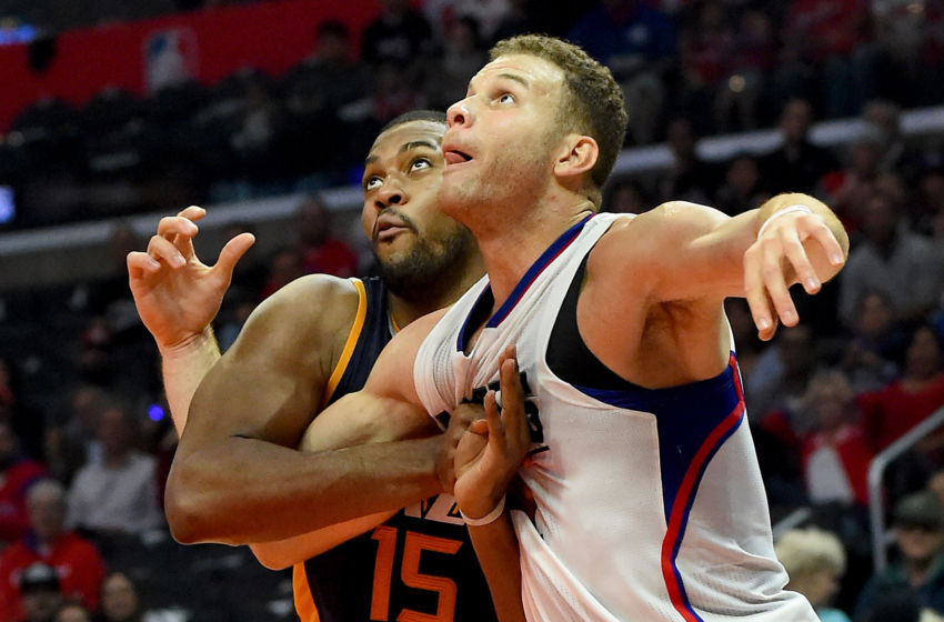 Oct 30, 2016; Los Angeles, CA, USA; Los Angeles Clippers forward Blake Griffin (32) and Utah Jazz forward Derrick Favors (15) battle under the basket in the second half of the game at Staples Center. Clippers won 88-75. Mandatory Credit: Jayne Kamin-Oncea-USA TODAY Sports