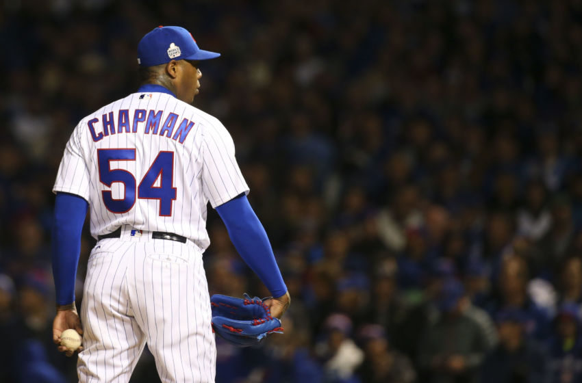 Oct 30, 2016; Chicago, IL, USA; Chicago Cubs relief pitcher Aroldis Chapman (54) prepares to pitch during the ninth inning in game five of the 2016 World Series against the Cleveland Indians at Wrigley Field. Mandatory Credit: Jerry Lai-USA TODAY Sports