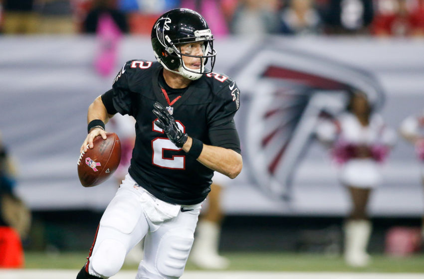 Oct 23, 2016; Atlanta, GA, USA; Atlanta Falcons quarterback Matt Ryan (2) rolls out to pass against the San Diego Chargers in overtime at the Georgia Dome. The Chargers defeated the Falcons 33-30 in overtime. Mandatory Credit: Brett Davis-USA TODAY Sports