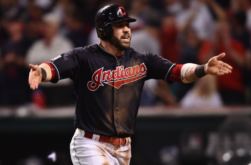 Nov 2, 2016; Cleveland, OH, USA; Cleveland Indians second baseman Jason Kipnis (22) reacts after scoring on a wild pitch against the Chicago Cubs in the fifth inning in game seven of the 2016 World Series at Progressive Field. Mandatory Credit: Ken Blaze-USA TODAY Sports