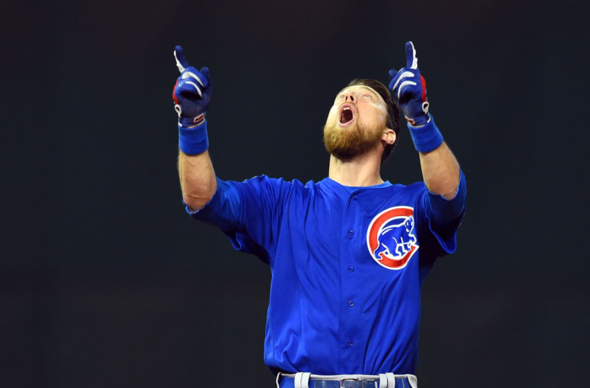 Nov 2, 2016; Cleveland, OH, USA; Chicago Cubs outfielder Ben Zobrist celebrates after hitting a RBI double against the Cleveland Indians in the 10th inning in game seven of the 2016 World Series at Progressive Field. Mandatory Credit: Tommy Gilligan-USA TODAY Sports