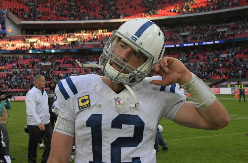 Oct 2, 2016; London, United Kingdom; Indianapolis Colts quarterback Andrew Luck (12) reacts after game 15 of the NFL International Series against the Jacksonville Jaguars at Wembley Stadium. The Jaguars defeated the Colts 30-27. Mandatory Credit: Kirby Lee-USA TODAY Sports