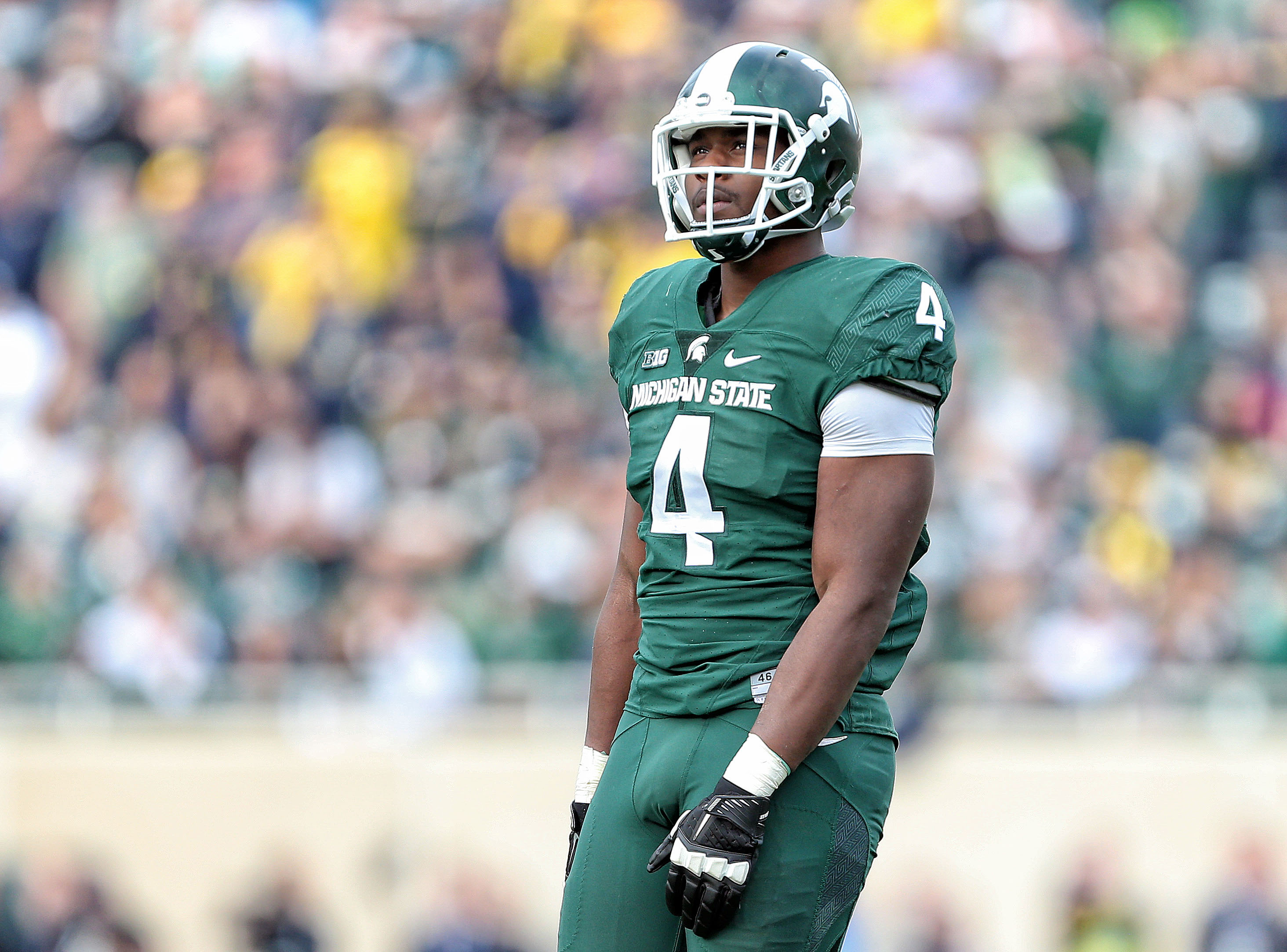 Oct 29, 2016; East Lansing, MI, USA; Michigan State Spartans defensive lineman Malik McDowell (4) stands on the field during the first quarter of a game against the Michigan Wolverines at Spartan Stadium. Mandatory Credit: Mike Carter-USA TODAY Sports