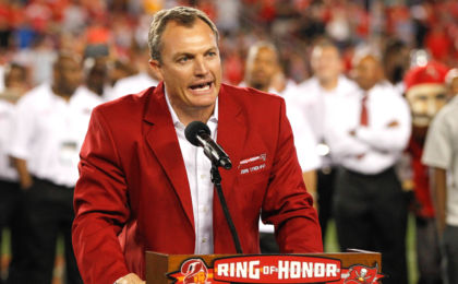 Nov 3, 2016; Tampa, FL, USA; Tampa Bay Buccaneers former safety John Lynch addresses the crowd as his name is added to the Buccaneers Ring of Fame during the halftime ceremony of a football game between the Tampa Bay Buccaneers and the Atlanta Falcons at Raymond James Stadium. Mandatory Credit: Reinhold Matay-USA TODAY Sports