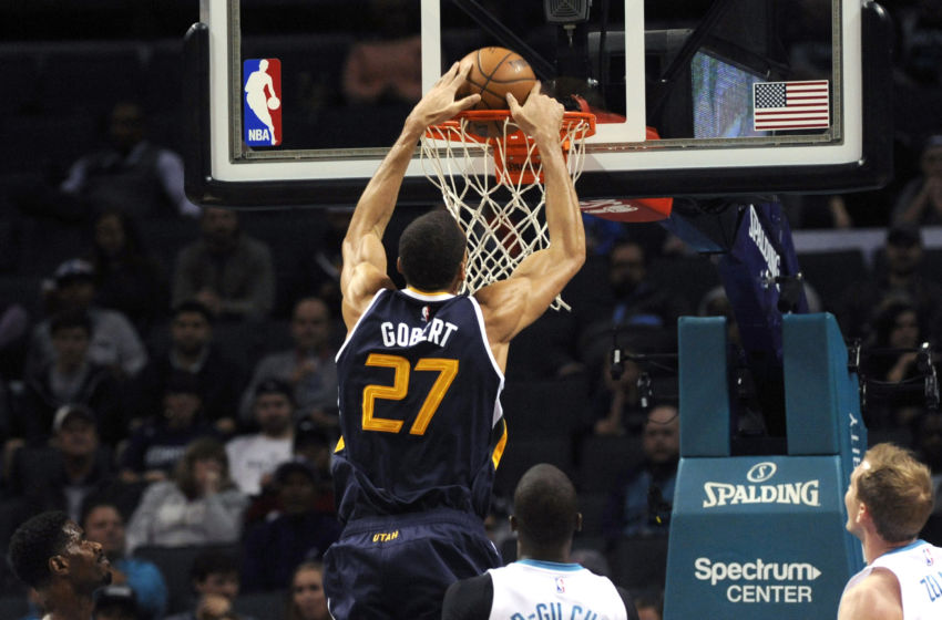 Nov 9, 2016; Charlotte, NC, USA; Utah Jazz center Rudy Gobert (27) drives to the basket and dunks the ball during the first half of the game against the Charlotte Hornets at the Spectrum Center. Mandatory Credit: Sam Sharpe-USA TODAY Sports