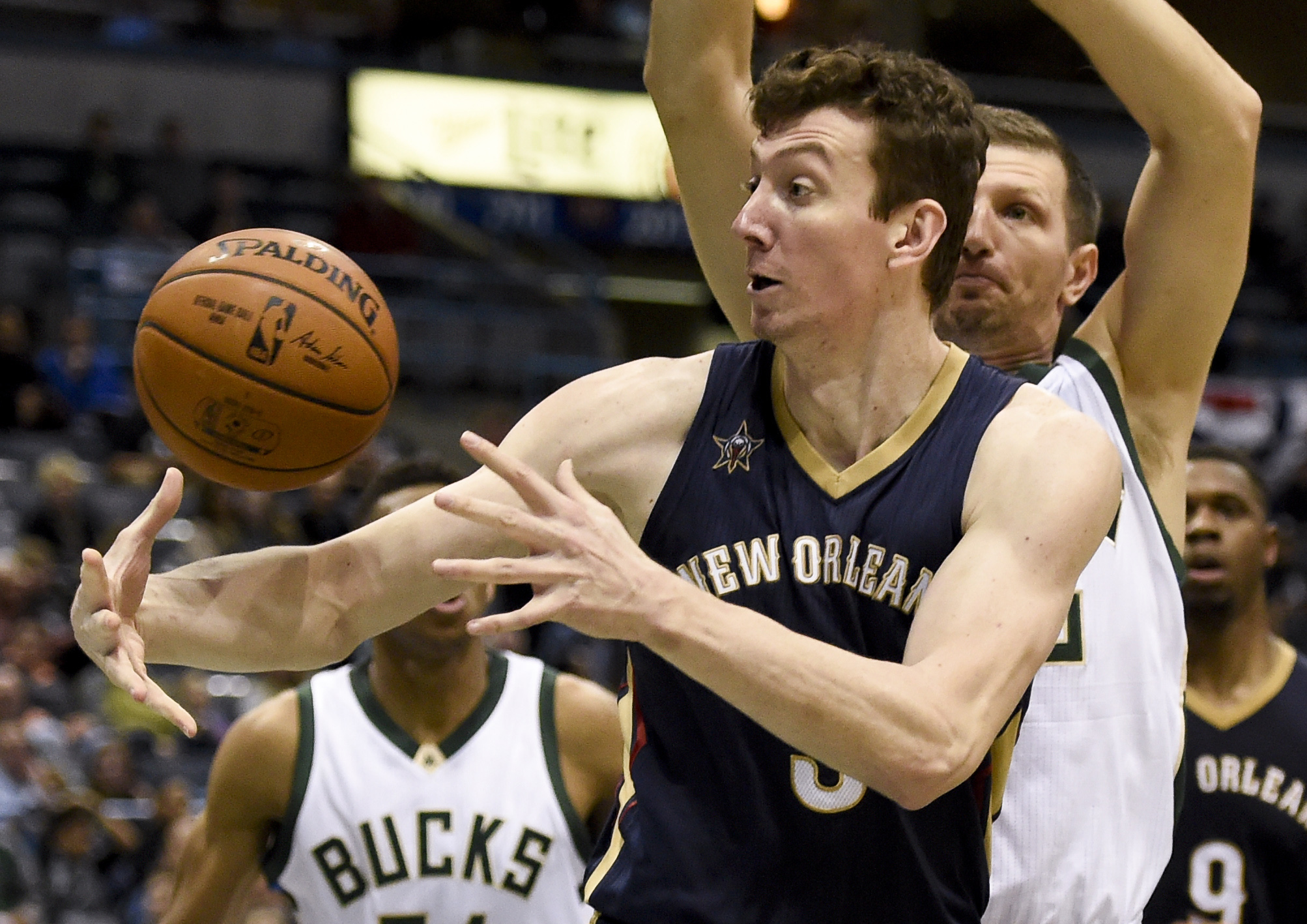 Nov 10, 2016; Milwaukee, WI, USA; New Orleans Pelicans center Omer Asik (3) grabs a loose ball in front of Milwaukee Bucks forward Mirza Teletovic (35) in the second quarter at BMO Harris Bradley Center. Mandatory Credit: Benny Sieu-USA TODAY Sports